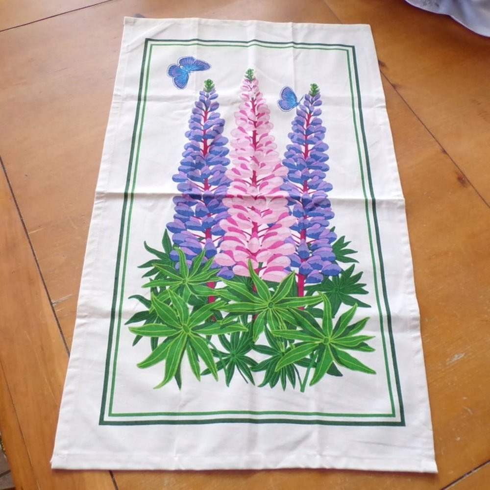 Lupines and Butterflies Vintage Kitchen Towel 27" x 16"